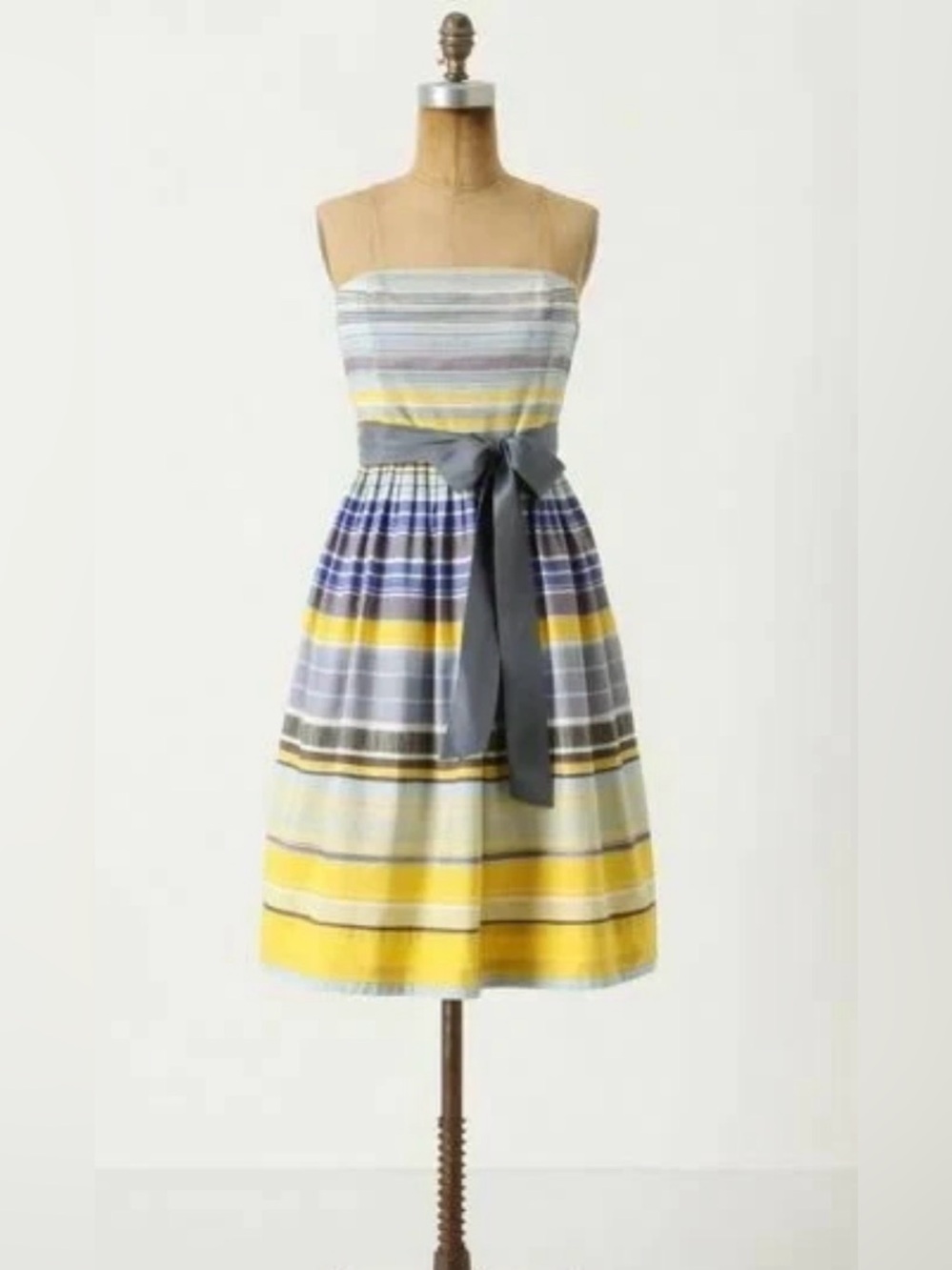 Maeve Anthropologie Strapless Cotton Lined Dress Blue Silk Waist Tie Pocket Sz 2